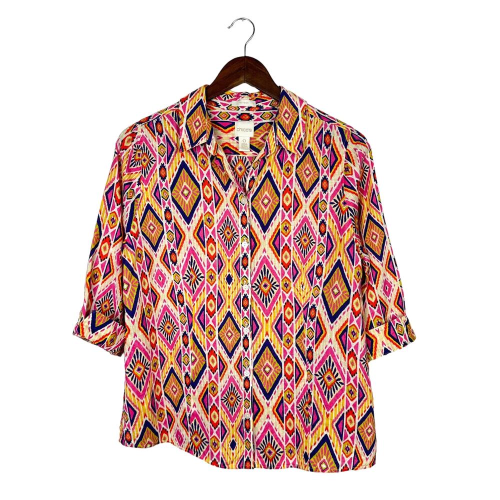 Chico's | Sz 0 Ikat 100% Linen Button-Back No Iron Colorful Button Up Shirt - Picture 4 of 14
